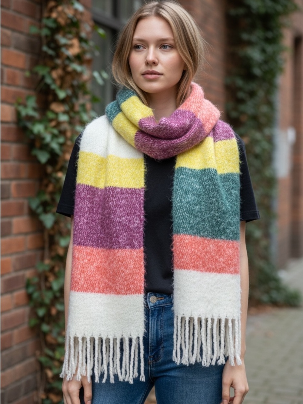 Colorblock Fringe Scarf in Yellow, Pink, Teal, Coral, Cream